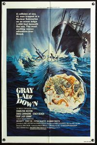 3z410 GRAY LADY DOWN one-sheet poster '78 Charlton Heston, David Carradine, cool submarine artwork!