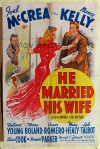 3z441 HE MARRIED HIS WIFE 1sh '39 great art of Joel McCrea trying to keep ex-wife from new suitor!