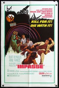 3z497 IMPASSE 1sh '69 cool action artwork of Burt Reynolds kicking thug in the face, Anne Francis!