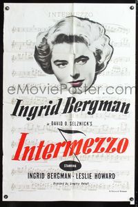 3z511 INTERMEZZO one-sheet movie poster R60s Leslie Howard, great portrait image of Ingrid Bergman!