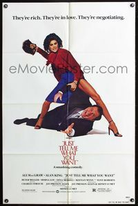 3z543 JUST TELL ME WHAT YOU WANT 1sheet '80 wacky image of Ali MacGraw beating Alan King with purse!