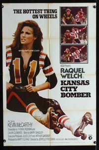 3z546 KANSAS CITY BOMBER revised title 1sh '72 great image of sexy roller derby girl Raquel Welch!