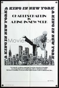 3z558 KING IN NEW YORK one-sheet movie poster R73 wacky image of dancing Charlie Chaplin over NYC!