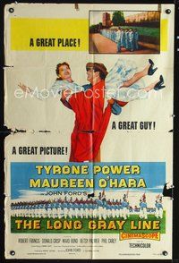 3z595 LONG GRAY LINE 1sheet '54 art of Tyrone Power carrying Maureen O'Hara, plus West Point cadets!
