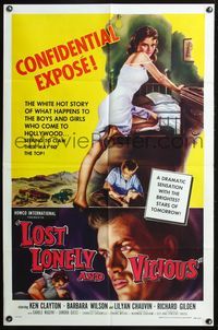 3z600 LOST, LONELY & VICIOUS one-sheet '58 art of sexy barely-dressed bad girl leaning on bed!