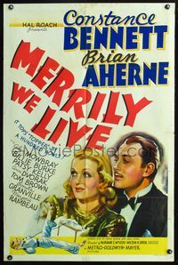 3z629 MERRILY WE LIVE style D one-sheet '38 great close up art of Constance Bennett & Brian Aherne!