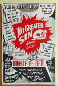3z676 NO GREATER SIN/BIRTH OF TRIPLETS 25x38 1sh '66 pseudo-documentaries giving the facts of life!