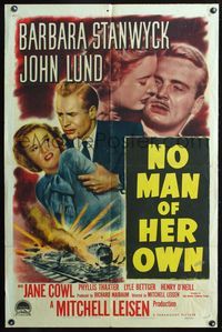 3z679 NO MAN OF HER OWN one-sheet '50 Barbara Stanwyck, John Lund, cool artwork of exploding train!