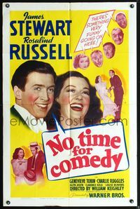 3z682 NO TIME FOR COMEDY one-sheet '40 great close up of Jimmy Stewart & Rosalind Russell laughing!
