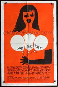 3z707 ONE TWO THREE 1sh '62 Billy Wilder, James Cagney, wonderful Saul Bass art of girl w/balloons!