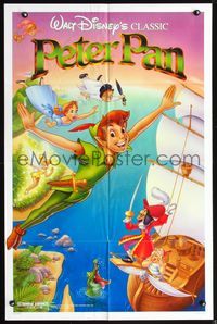 3z725 PETER PAN one-sheet R89 Walt Disney animated cartoon fantasy classic, great full-length art!