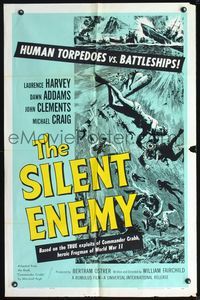 3z819 SILENT ENEMY one-sheet movie poster '59 cool art of English human torpedoes vs. battleships!