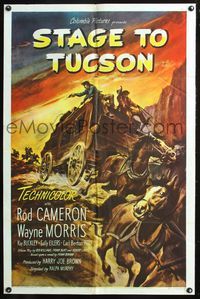 3z857 STAGE TO TUCSON one-sheet '50 Rod Cameron cowboy western, cool art of runaway stagecoach!