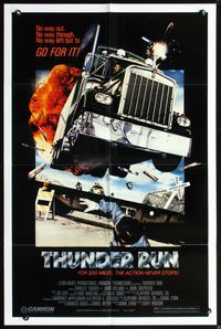 3z910 THUNDER RUN one-sheet movie poster '86 the action never stops, cool flying semi-truck art!