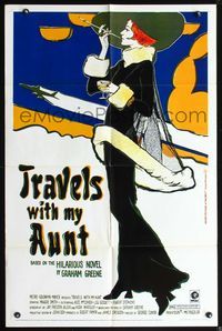 3z931 TRAVELS WITH MY AUNT one-sheet '72 from Graham Greene's novel, cool Art Nouveau-style art!
