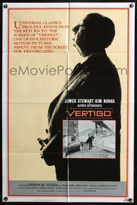 3z953 VERTIGO one-sheet movie poster R83 classic profile of Alfred Hitchcock, James Stewart!