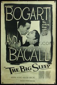 4a305 BIG SLEEP 40x60 R56 c/u of Humphrey Bogart & sexy Lauren Bacall, directed by Howard Hawks!