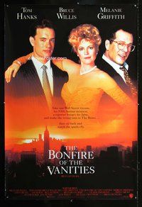 4a308 BONFIRE OF THE VANITIES 40x60 '90 Tom Hanks, Bruce Willis & Melanie Griffith over New York!