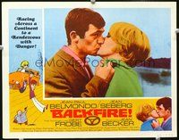 4b087 BACKFIRE movie lobby card '65 close-up of Jean-Paul Belmondo kissing Jean Seberg!