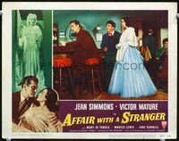 4c015 AFFAIR WITH A STRANGER lobby card #5 '53 cool image of Jean Simmons, Victor Mature at bar!
