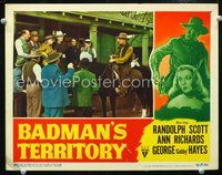 4c042 BADMAN'S TERRITORY movie lobby card '46 cool image of Randolph Scott on horseback!