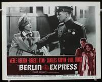 4c057 BERLIN EXPRESS movie lobby card #5 R55 cool image of Merle Oberon about to board train!