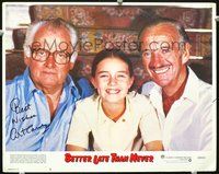 4c059 BETTER LATE THAN NEVER movie lobby card #2 '83 signed by Art Carney w/David Niven!
