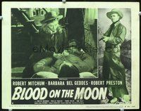 4c078 BLOOD ON THE MOON movie lobby card #2 R53 Robert Mitchum being nursed by Barbara Bel Geddes!