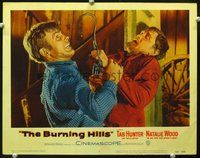 4c090 BURNING HILLS movie lobby card #2 '56 Tab Hunter fighting against man w/giant hook & gun!
