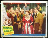 4c115 COMANCHE TERRITORY movie lobby card #2 '50 great image of Maureen O'Hara w/two guns!