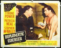 4c159 DIPLOMATIC COURIER movie lobby card #3 '52 shirtless Tyrone Power gets a message!
