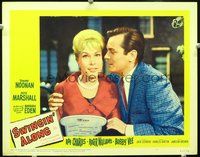 4c166 DOUBLE TROUBLE movie lobby card #3 R62 great close-up of Peter Marshall, Barbara Eden!