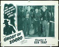 4c220 GHOST OF ZORRO chap 5 lobby card '49 three guys with guns drawn in entrance to mine, serial!