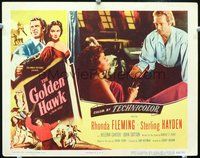 4c238 GOLDEN HAWK movie lobby card '52 Rhonda Fleming pulls a gun on Sterling Hayden!