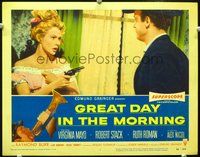 4c250 GREAT DAY IN THE MORNING movie lobby card #1 '56 Virginia Mayo points gun at Robert Stack!