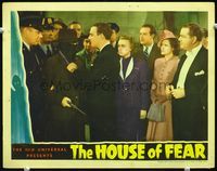 4c324 HOUSE OF FEAR movie lobby card '39 William Gargan confronts masked gunman!
