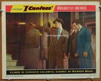 4c340 I CONFESS movie lobby card #4 '53 cool image of Montgomery Clift, gangster shooting gun!