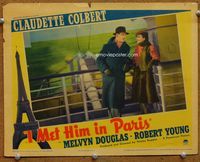 4c341 I MET HIM IN PARIS movie lobby card '37 Claudette Colbert & Melvyn Douglas on boat!