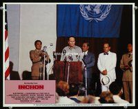 4c348 INCHON movie lobby card #3 '82 Laurence Olivier giving speech to the U.N.!