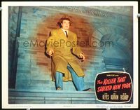 4c377 KILLER THAT STALKED NEW YORK movie lobby card #6 '50 great image of man about to jump!