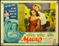 4c443 MACAO lobby card #1 '52 great close up of Robert Mitchum standing behind sexy Jane Russell!