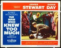 4c460 MAN WHO KNEW TOO MUCH movie lobby card #2 '56 great image of Jimmy Stewart over man w/knife!