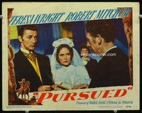 4c625 PURSUED movie lobby card '47 great image of bride and groom Robert Mitchum & Teresa Wright!