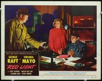 4c651 RED LIGHT lobby card #5 '49 Barton MacLane shows George Raft & pretty Virginia Mayo the gun!
