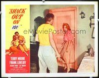 4c713 SHACK OUT ON 101 movie lobby card '56 wild image of man threatening Terry Moore w/knife!
