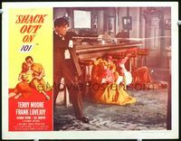 4c712 SHACK OUT ON 101 movie lobby card '56 Terry Moore & Frank Lovejoy take cover, bizarre gun!