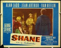 4c718 SHANE lobby card #3 '53 Alan Ladd in buckskin enters homestead of Van Heflin & Jean Arthur!