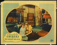 4c723 SHE MARRIED HER BOSS movie lobby card '35 great image of pretty Claudette Colbert w/family!