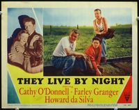 4c832 THEY LIVE BY NIGHT LC #5 '48 Farley Granger, Howard da Silva & Flippen on railroad tracks!