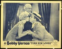 4c889 TURN HIM LOOSE lobby card #7 '29 great image of pretty Margaret Lee kissing Bobby Vernon!